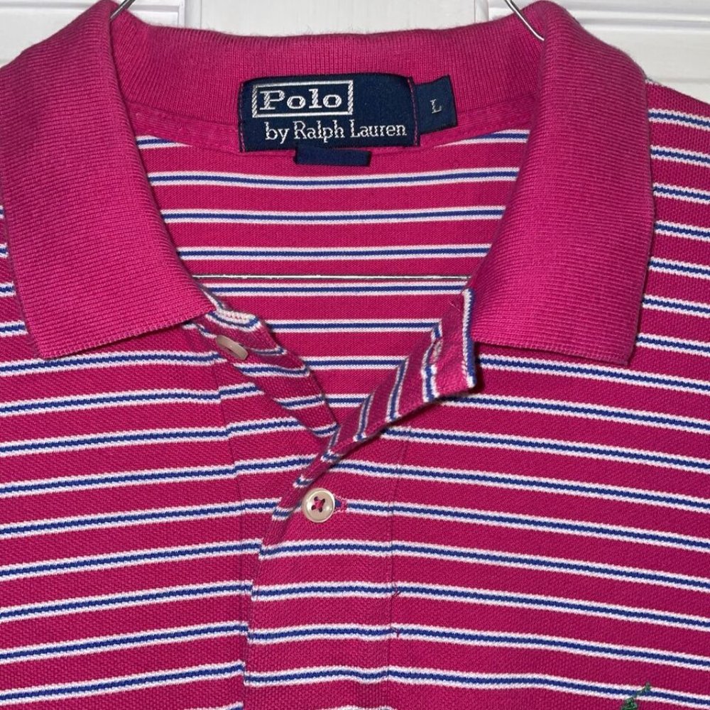 Polo Ralph Lauren Men Polo Shirt Short Sleeve Pink Blue Stripe SZ L
